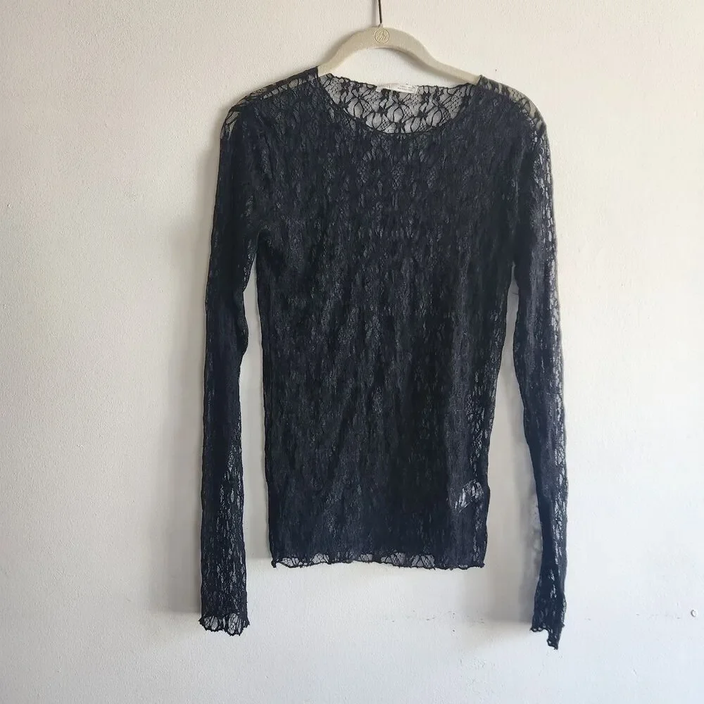Zara Lace Sheer Black Fairy Grunge Long Sleeve L Top Black Witchy Goth Mesh